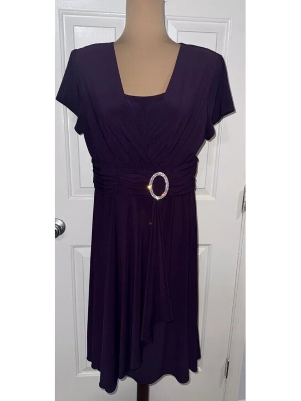 R & M Richards Short-Sleeve Faux-Wrap Dress Women's 16 Purple Pullover Style